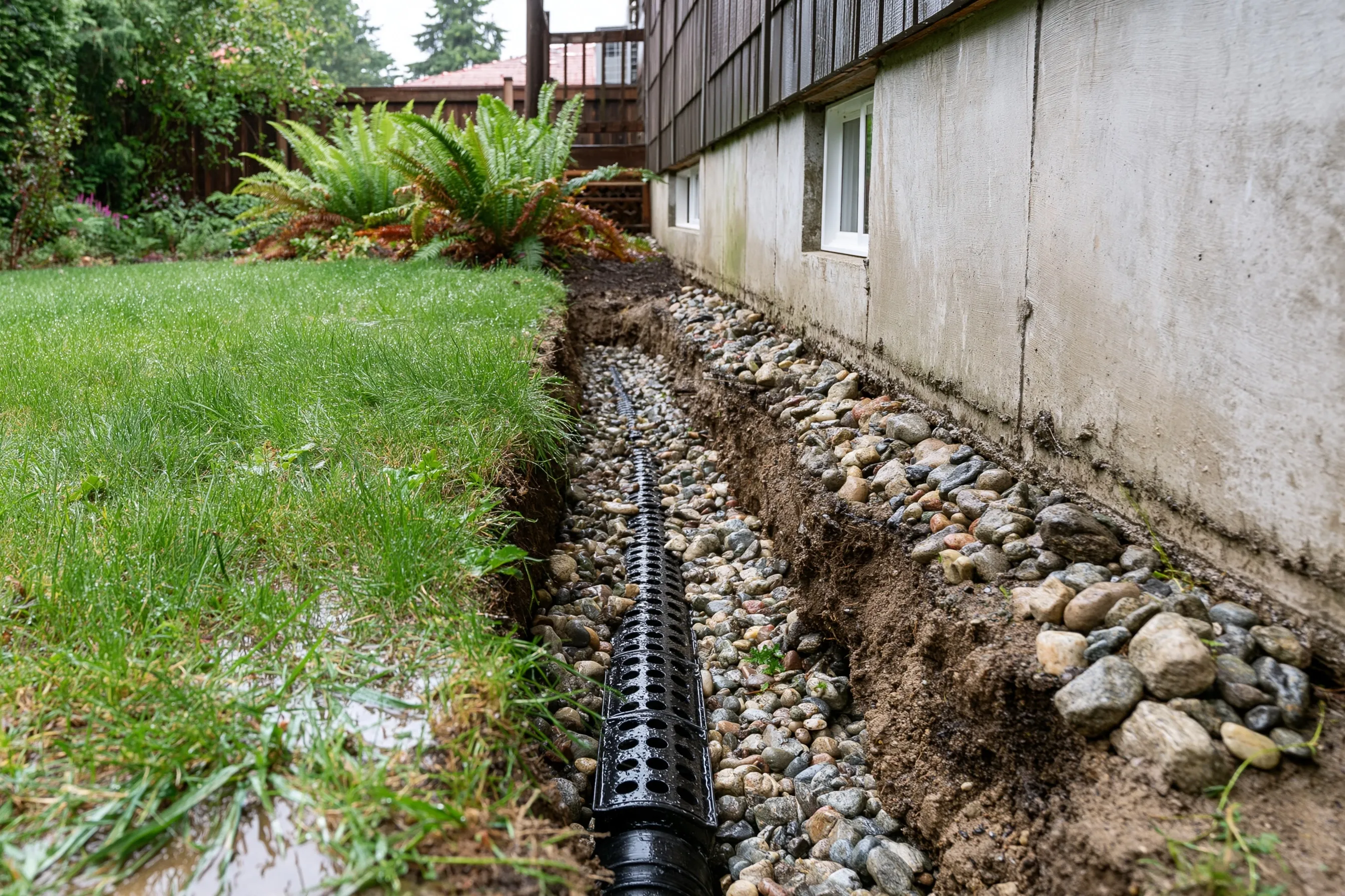Narrow trench along the outside of a concrete foundation wall with a perforated drain pipe laid in washed gravel at footing level