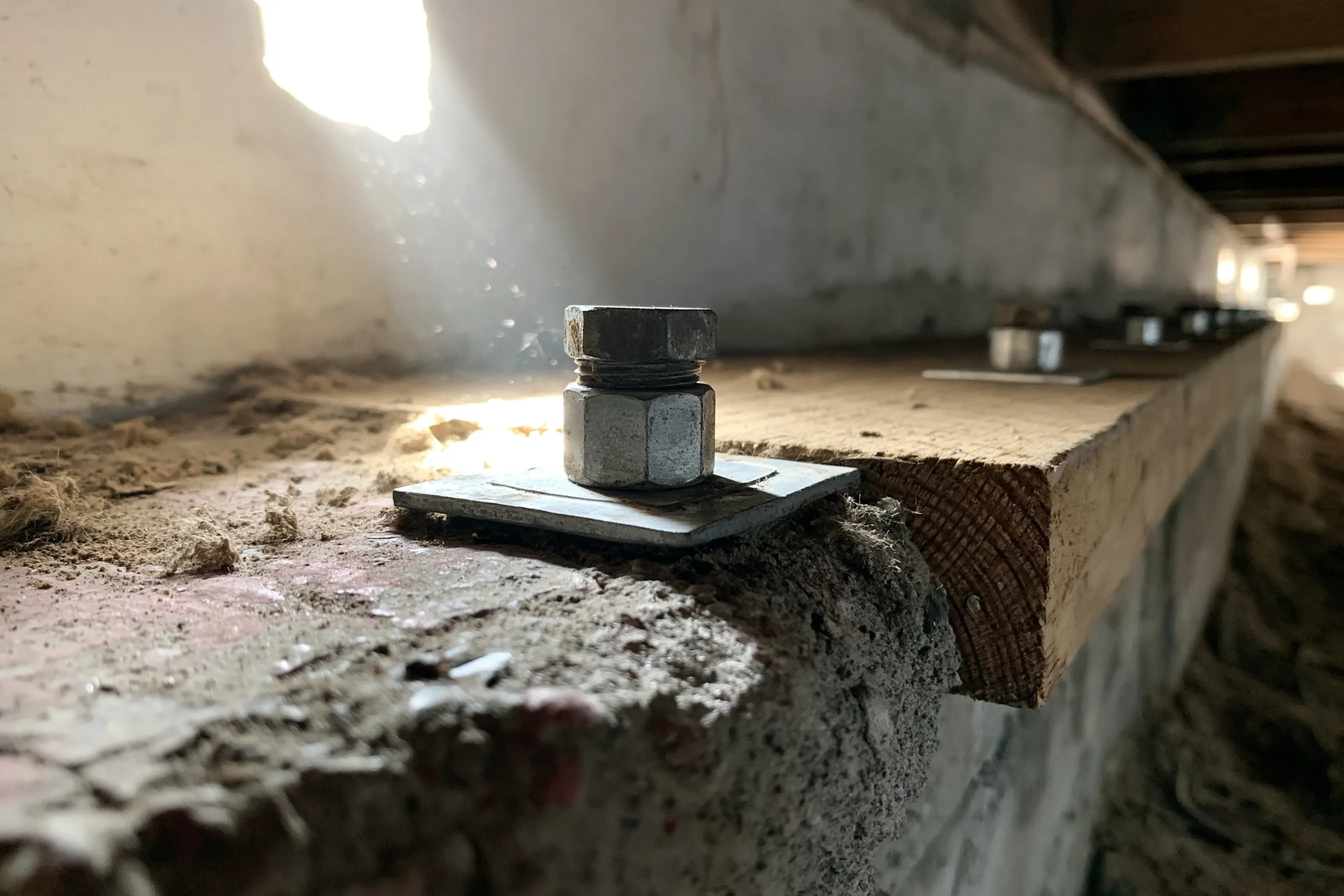 Steel anchor bolt with a square plate washer fastening the wood sill plate to a concrete stem wall in a crawlspace