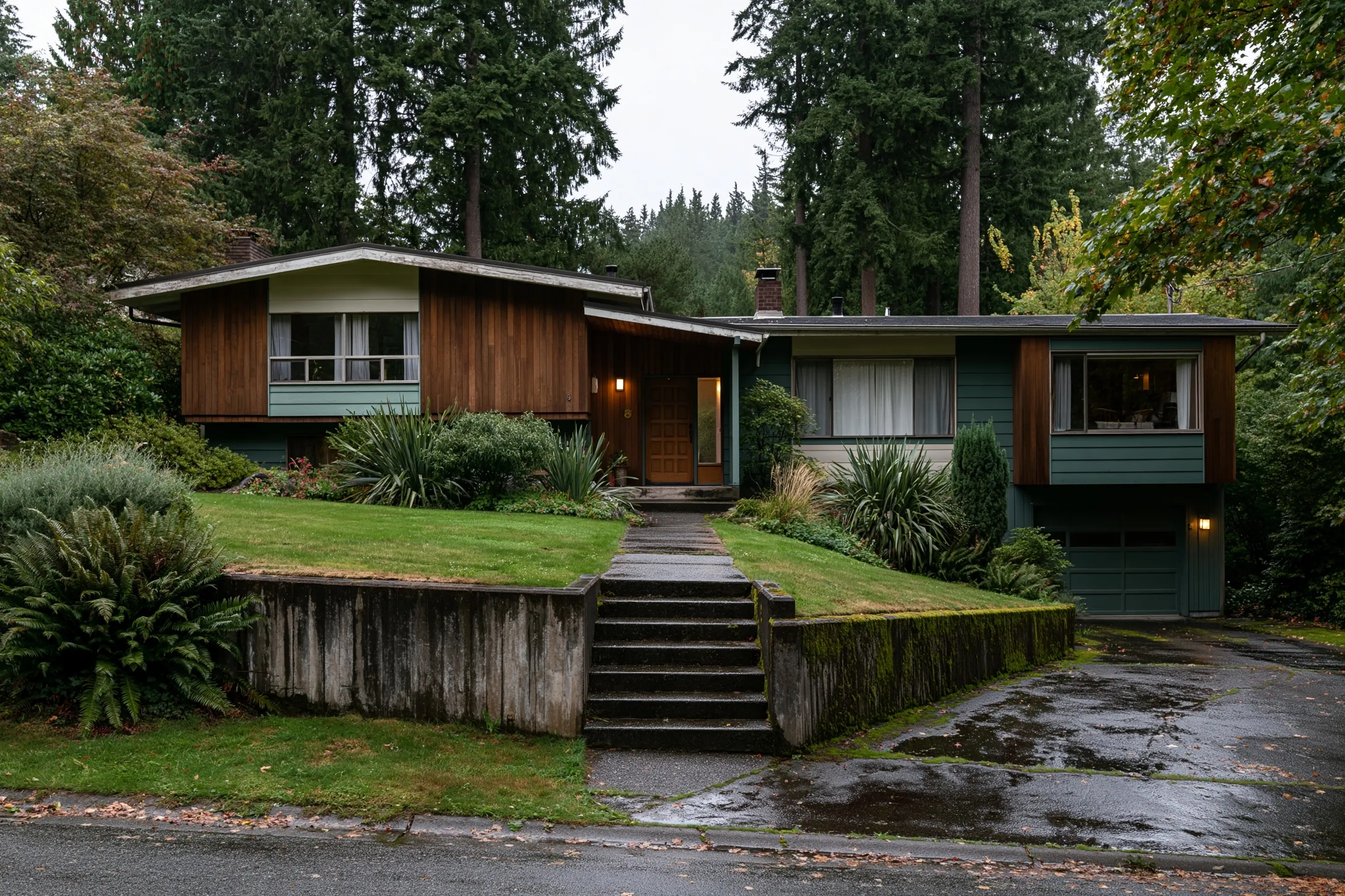 Split-level house on a sloped lot with low mossy retaining walls beside the entry steps, tall Douglas firs behind and a wet green lawn